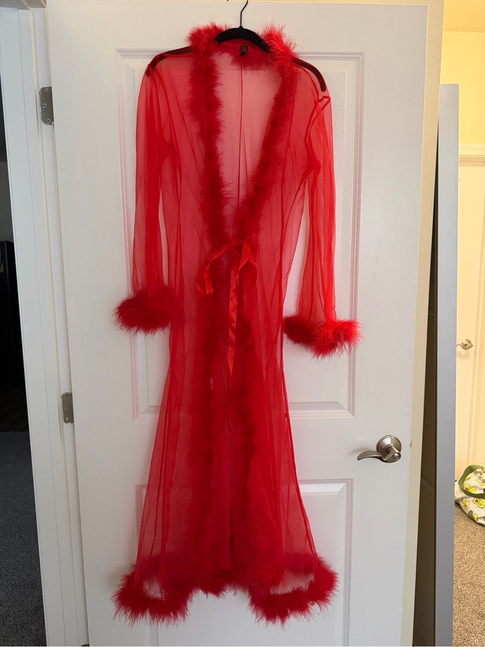 Sheer Red Marabou Trim Long Robe - Women Intimates & Sleepwear